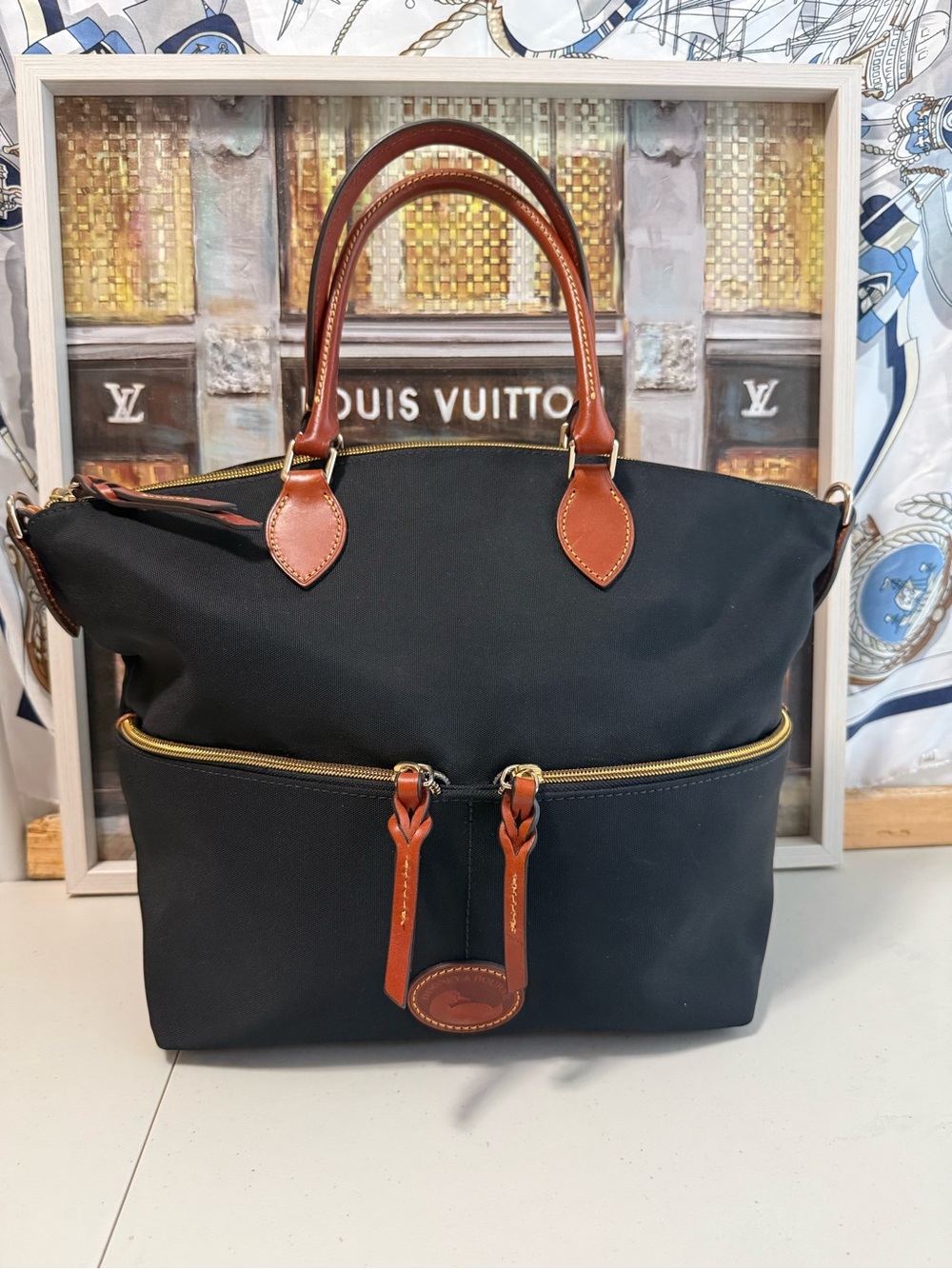 Dooney &Bourke Navy Canvas Tote with Brown Leather Trim